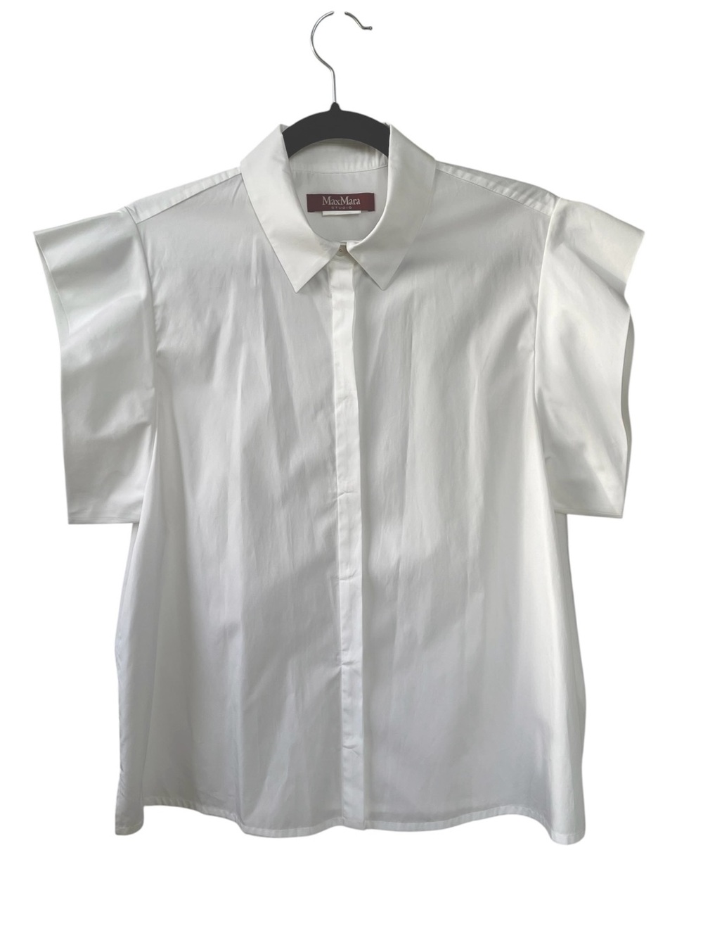Max Mara Studio White Cotton 'Amore' Flutter Sleeve Blouse Shirt S